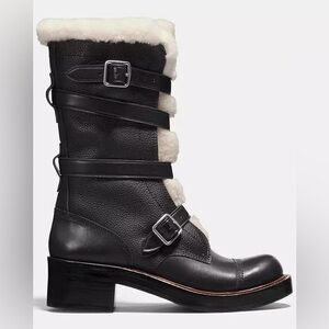COACH Black Moto Leather Boots with Shearling Lining